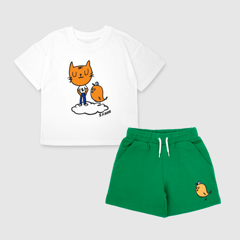 [10% OFF] CAT SHORT SLEEVE T-SHIRT & BIRD SWEATSHORTS SET