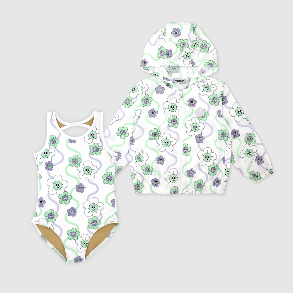 [10% OFF] FLOWER UV SWIMSUIT & WINDBREAKER SET (WHITE)