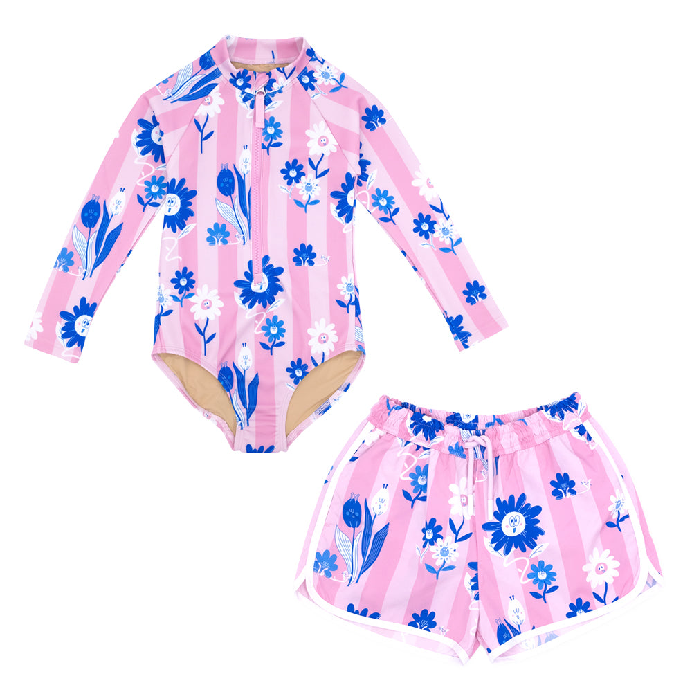 [10% OFF] FLOWER UV SWIMSUIT & SWIM SHORTS SET (PINK)