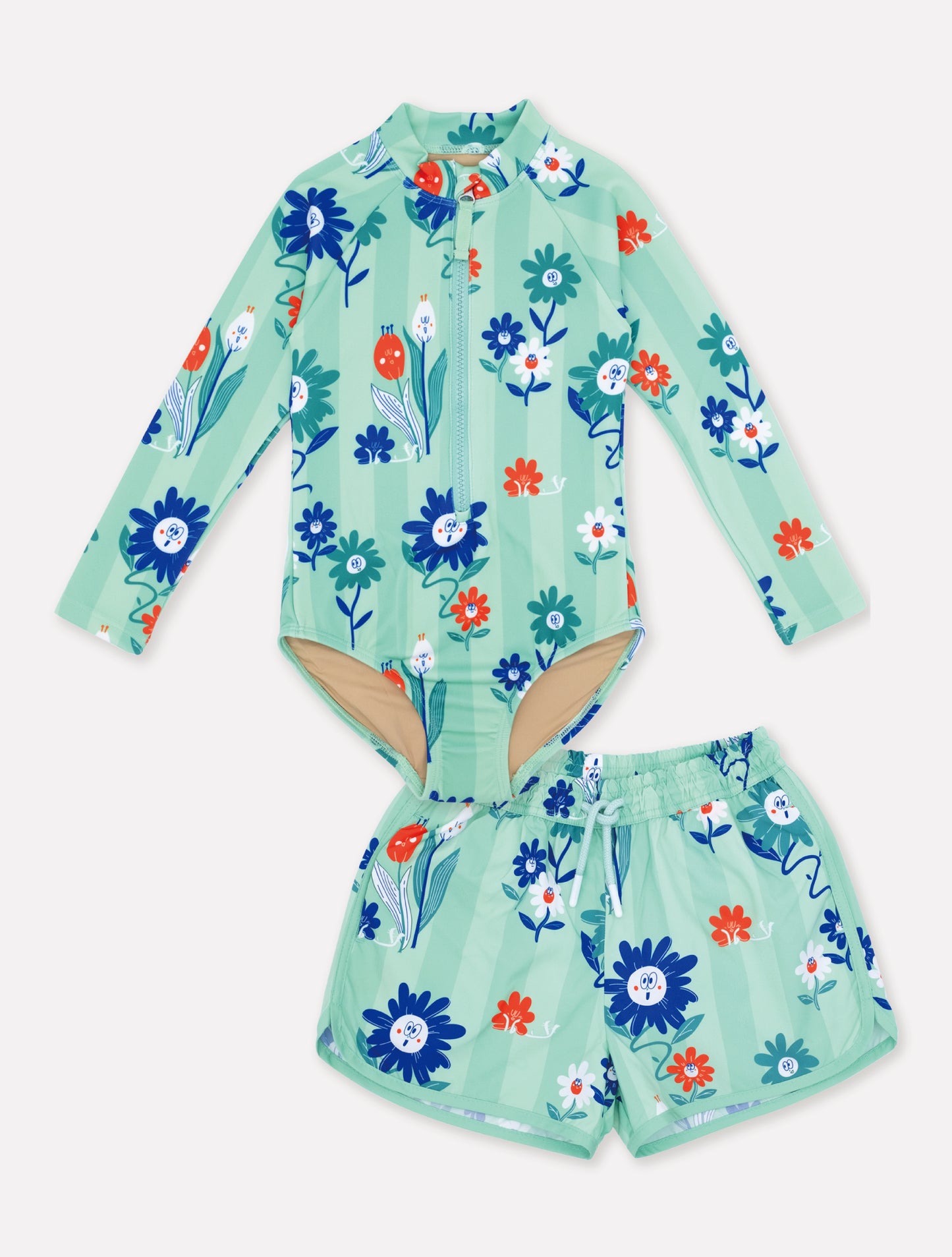 [10% OFF] FLOWER UV SWIMSUIT & SWIM SHORTS SET (GREEN)