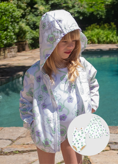 [10% OFF] FLOWER UV SWIMSUIT & WINDBREAKER SET (WHITE)