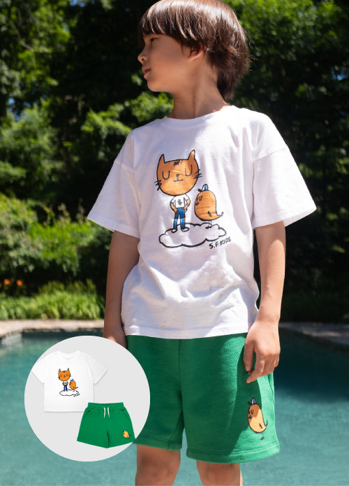 [10% OFF] CAT SHORT SLEEVE T-SHIRT & BIRD SWEATSHORTS SET