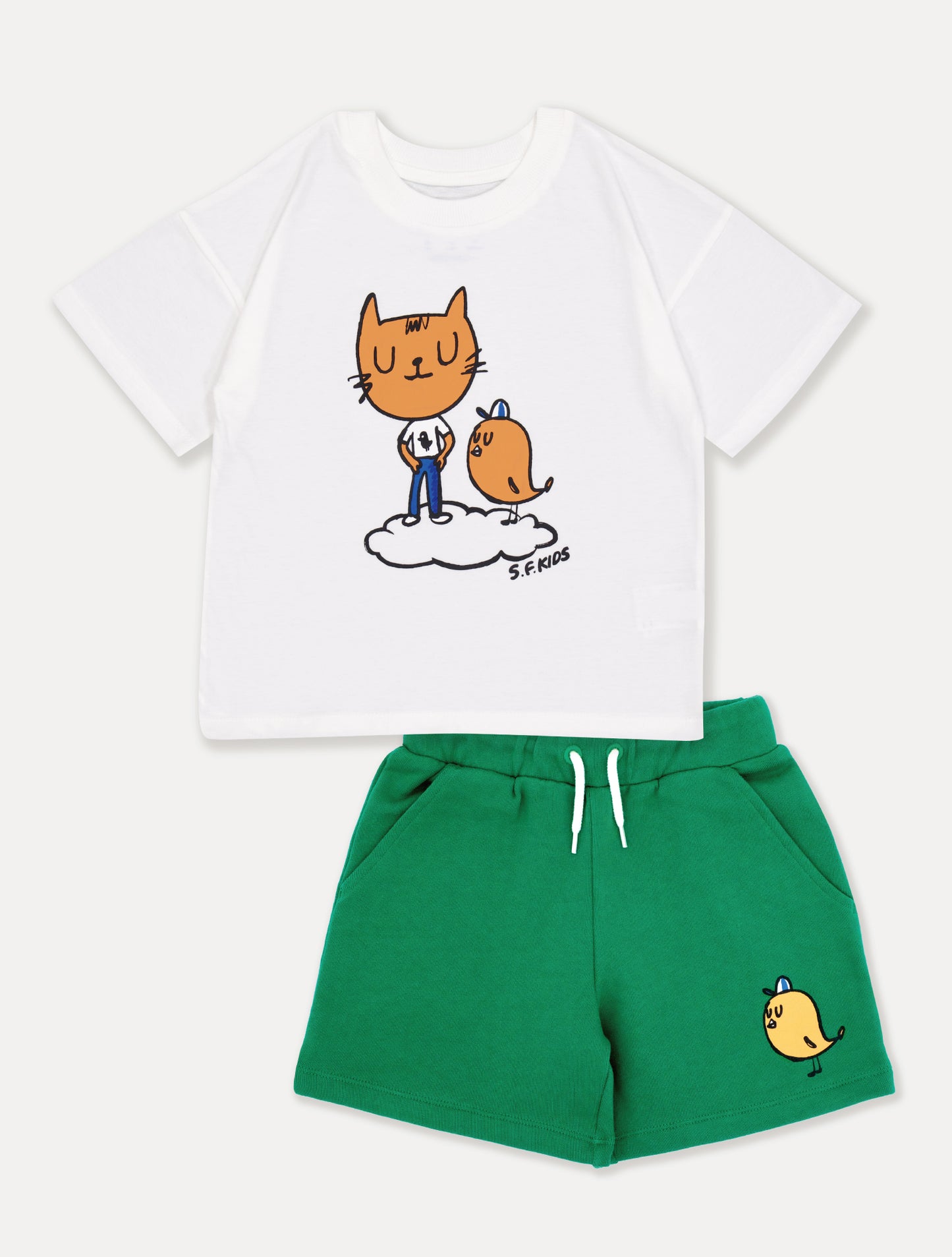 [10% OFF] CAT SHORT SLEEVE T-SHIRT & BIRD SWEATSHORTS SET